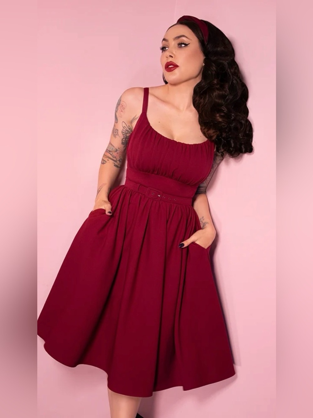 NWOT Vixen by Micheline Pitt Ingenue Wine-Red Sleeveless Midi Dress w/ belt